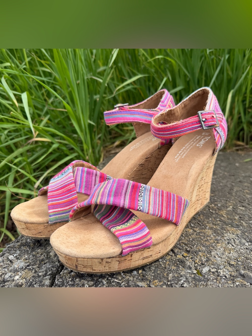 Toms Pink Multistripe Cork Wedge Sandals